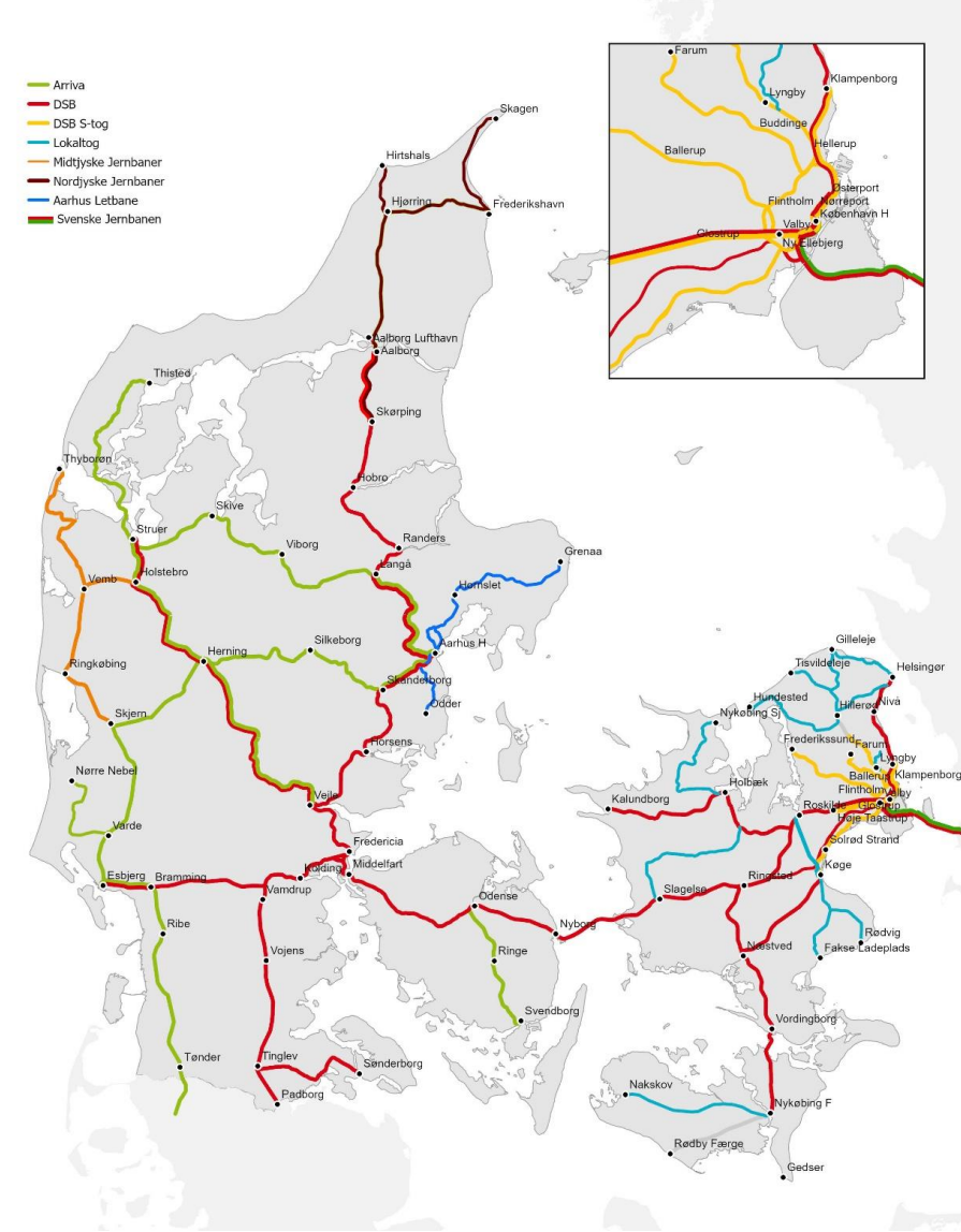 Billedet viser figur 1.1 som er et Danmarks-kort over togoperatører på statens baner og øvrige baner 2020